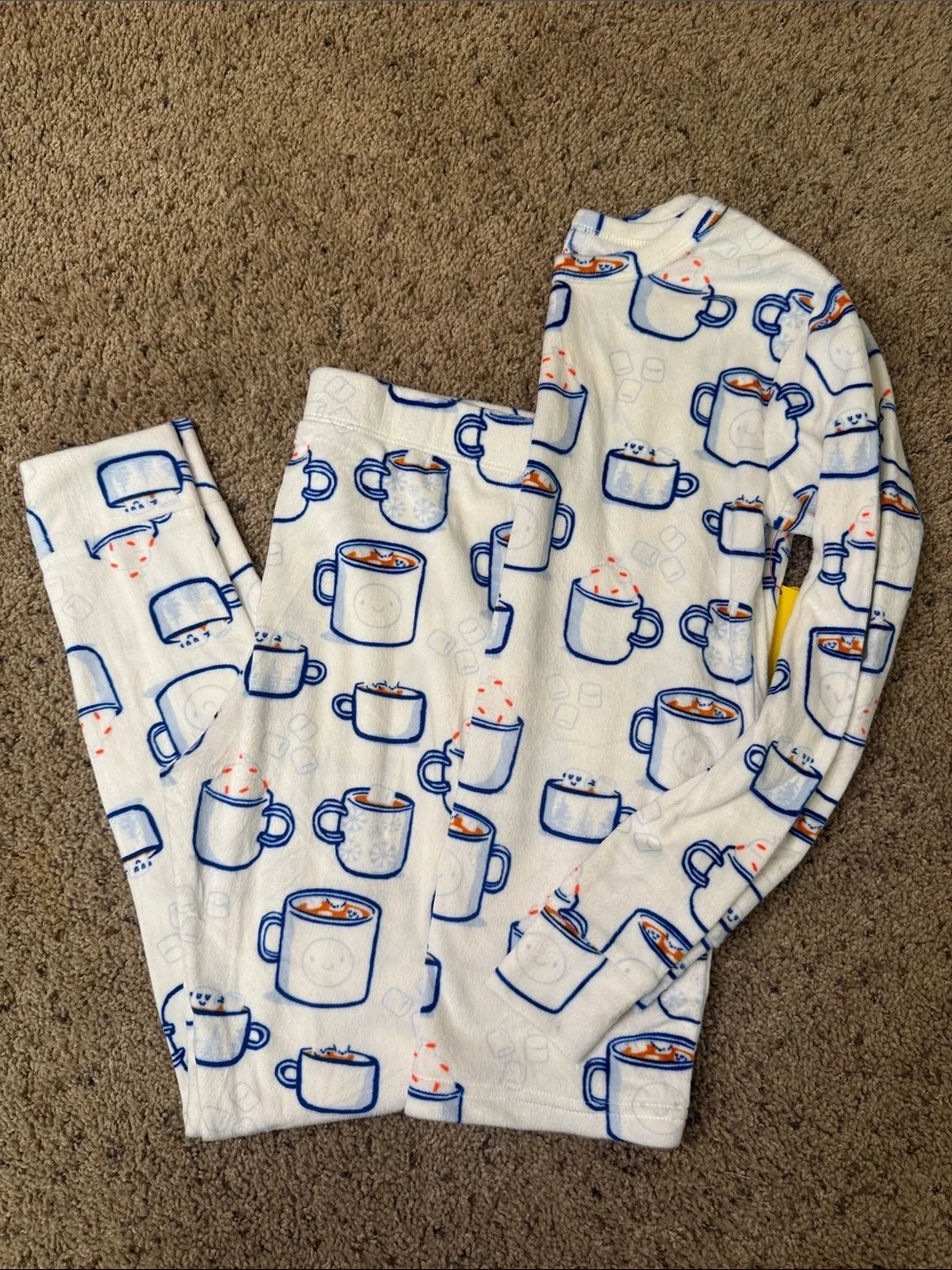 Cat & Jack White Pajama Set with Blue Mug Print and Orange Cocoa Accents